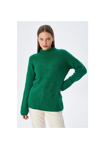 6849 Kadın Dikişsiz Dik Yaka Triko Kazak Yeşil modelleri