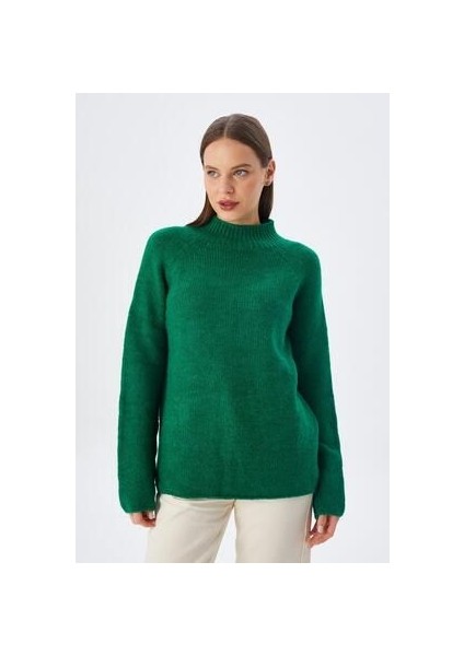 6849 Kadın Dikişsiz Dik Yaka Triko Kazak Yeşil indirimleri