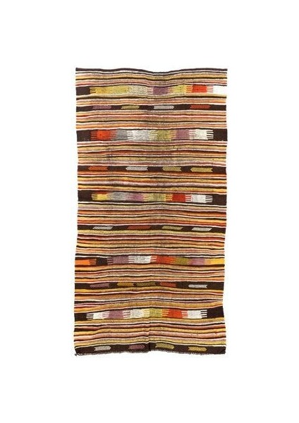 160X305 cm Çok Renkli Eski El Yapımı Kilim, Düz Dokuma %100 Yün Kilim
