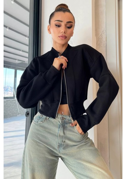 Fermuarlı Crop Top Sweatshirt