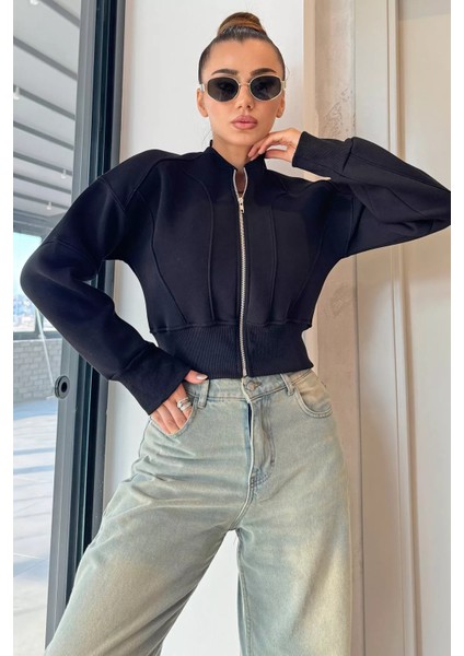 Fermuarlı Crop Top Sweatshirt