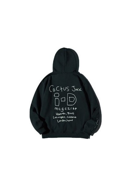 3 Iplik Cactus Jack Sweatshirt - Siyah Baskılı Oversize Şardonlu Kapüşonlu