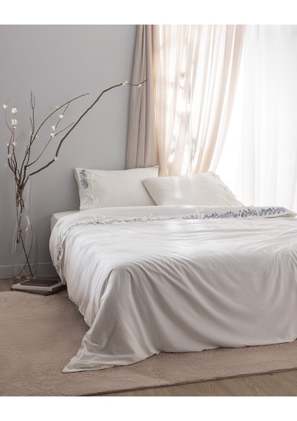 Relief King Size %100 Pamuk Bağlamalı Nevresim Takımı - Ekru/Lacivert