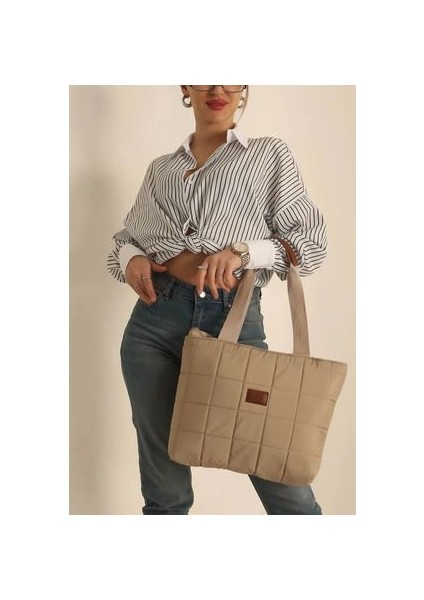 Kadın Bej Kapitone Tote Bag El Kol ve Omuz Çantası