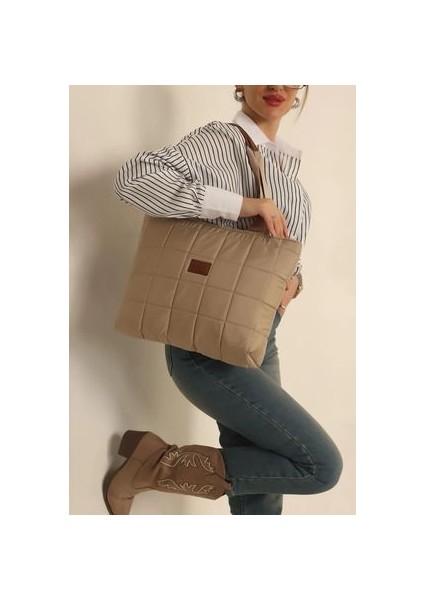 Kadın Bej Kapitone Tote Bag El Kol ve Omuz Çantası fiyatları