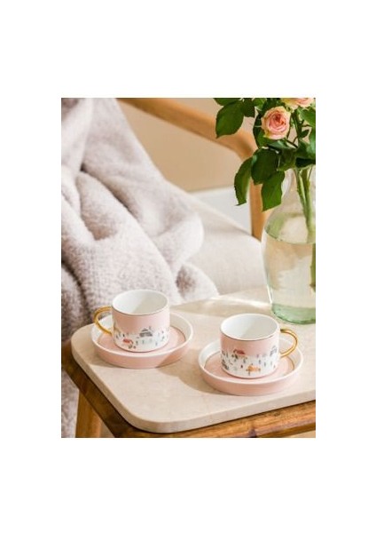 Açık Pembe Yılbaşı Temalı 2 Kişilik Kahve Fincan Takımı 90 ml