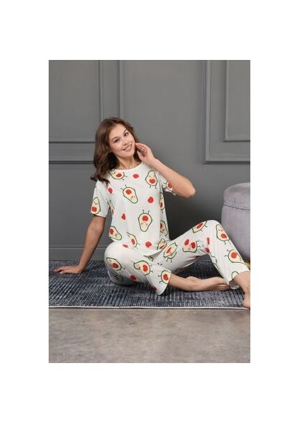 % 100 Bambu Desenli Pijama Takımı Geniş Kalıp
