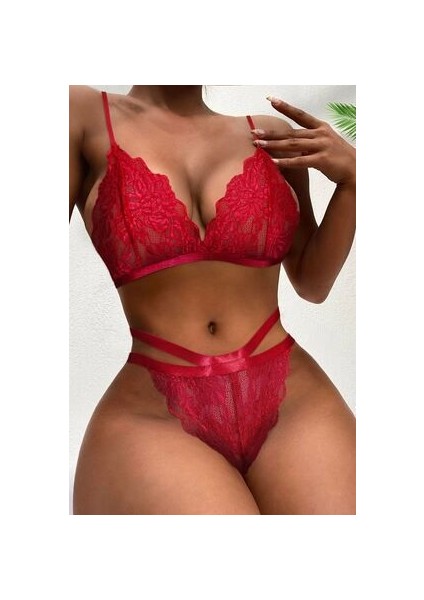 Dantel Işlemeli Sütyen Takım Kırmızı