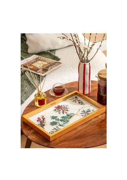 Lcw Home Beyaz Çiçek Baskılı Dekoratif Tepsi 25X45 cm