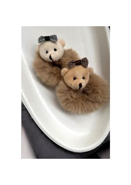 Peluş Ayıcıklı 2li Simit Saç Lastiği - Teddy Bear Puffy Buckle Aksesuarlı Lastik Toka
