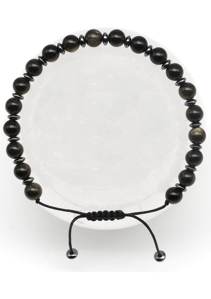 Golden Obsidyen Doğal Taş Makrome Örme Bileklik Küre Kesim