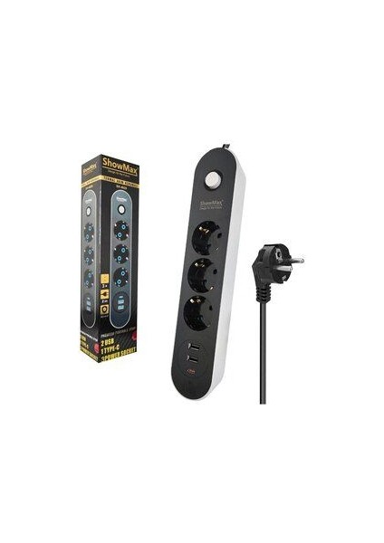 Showmax SH-4628 3lü Akım Korumalı Priz 2 Metre Anahtarlı 10A 2500 Watt 2xusb