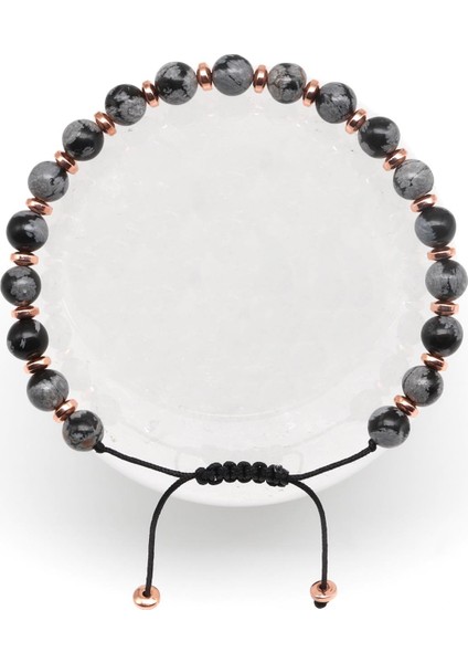 Karlı Obsidyen Doğal Taş Makrome Örme Bileklik Küre Kesim