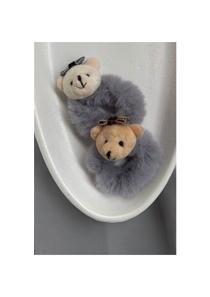 Peluş Ayıcıklı 2li Simit Saç Lastiği - Teddy Bear Puffy Buckle Aksesuarlı Lastik Toka
