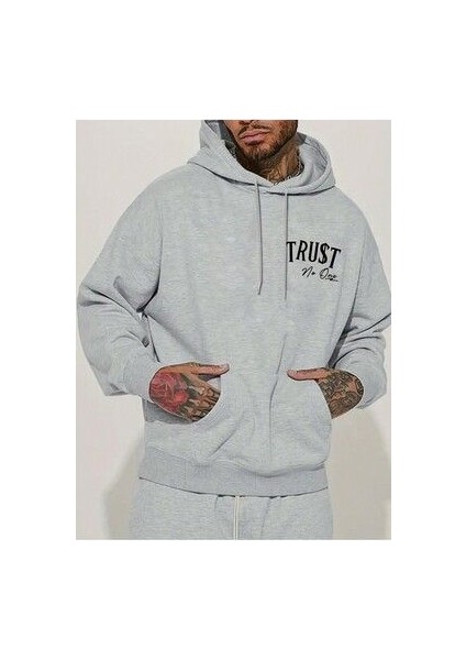 Kimseye Güvenme Ön Baskılı Gri Kapüşonlu Sweatshirt