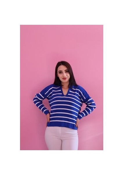 Polo Yaka Triko Çizgili Crop Kazak