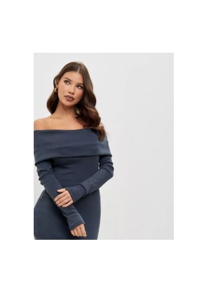 Kaşkorse Madonna Yaka Uzun Kollu Mini Elbise-Antrasit Gri