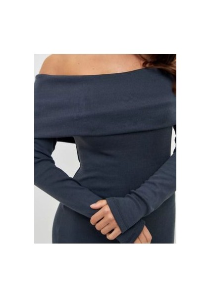 Kaşkorse Madonna Yaka Uzun Kollu Mini Elbise-Antrasit Gri fiyatları