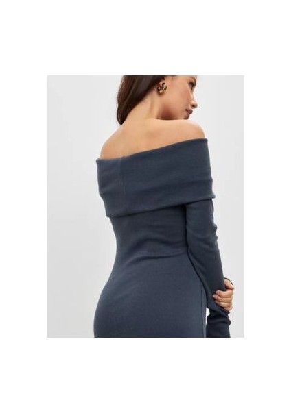 Kaşkorse Madonna Yaka Uzun Kollu Mini Elbise-Antrasit Gri modelleri