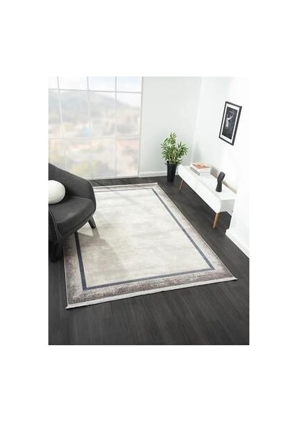 Dream Gri Halı Lacivert Kenar Çerçeveli Geometrik Detaylı Akrilik Tozuaz Modern Salon Halısı