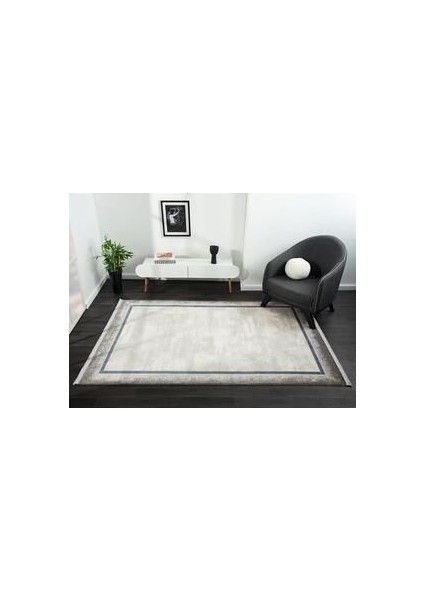 Dream Gri Halı Lacivert Kenar Çerçeveli Geometrik Detaylı Akrilik Tozuaz Modern Salon Halısı