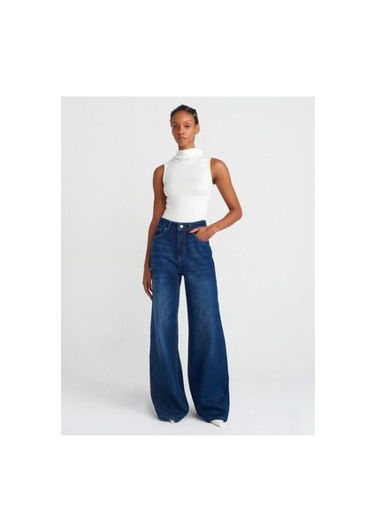 71746 Koyu Renk Geniş Wideleg Denim Pantolon-Lacivert