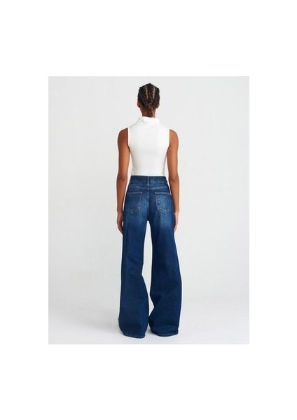 71746 Koyu Renk Geniş Wideleg Denim Pantolon-Lacivert fiyatları