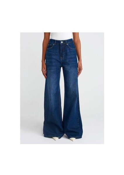 71746 Koyu Renk Geniş Wideleg Denim Pantolon-Lacivert modelleri