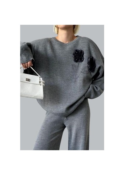 Kadın Gül Detaylı Kazak Pantolon Alt Üst Ikili Triko Takım