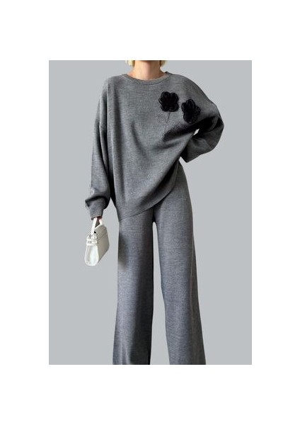 Kadın Gül Detaylı Kazak Pantolon Alt Üst Ikili Triko Takım modelleri
