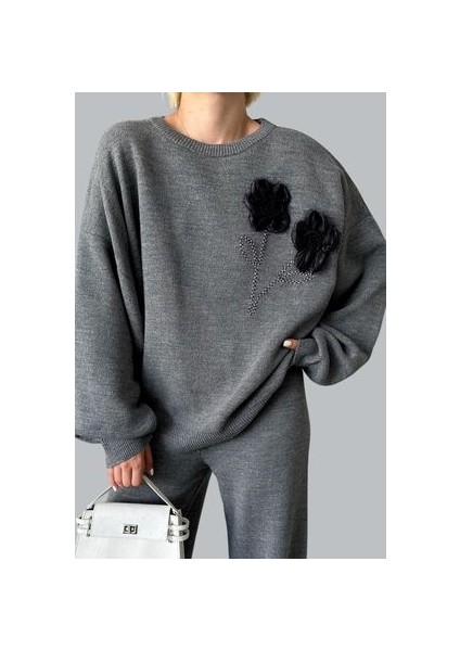 Kadın Gül Detaylı Kazak Pantolon Alt Üst Ikili Triko Takım fırsatları