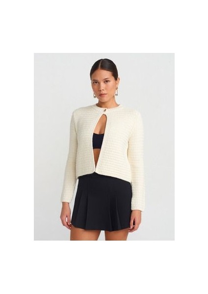 60298 Bisiklet Yaka Düğmeli Triko Hırka-Ekru