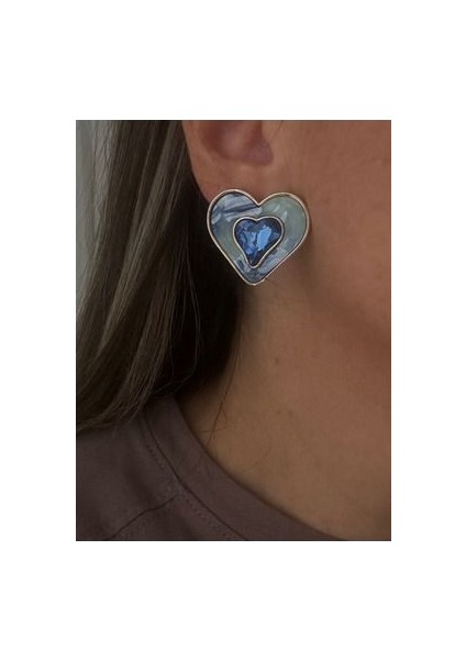 Mermer Desenli Ortası Renkli Taşlı Kalp Küpe