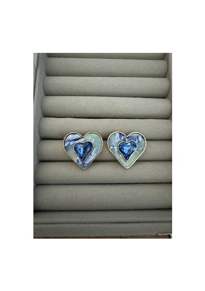 Mermer Desenli Ortası Renkli Taşlı Kalp Küpe fiyatları