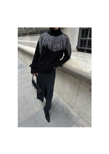 Siyah Simli Boğazlı Kazak indirimleri