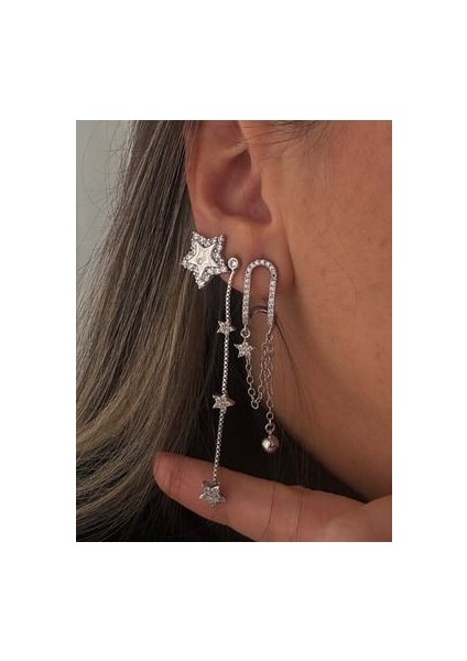 Zirkon Taşlı 3lü Set Sallantılı Yıldız Küpe Gümüş Renk