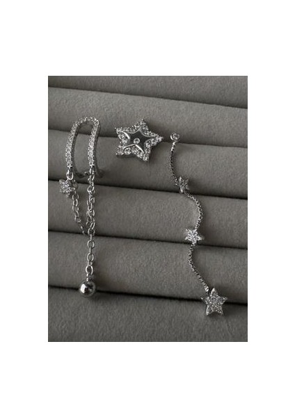 Zirkon Taşlı 3lü Set Sallantılı Yıldız Küpe Gümüş Renk modelleri