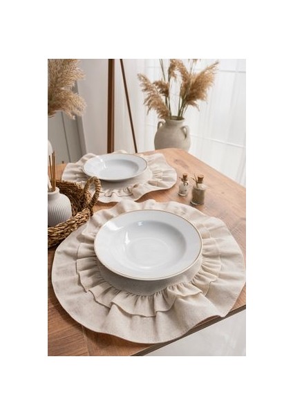 Premium | 6'lı Çift Fırfırlı Keten Yuvarlak Amerikan Servisi 40X40 cm