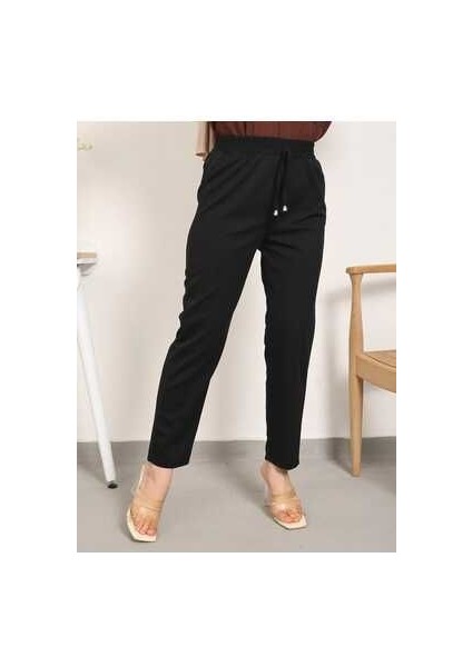 Kadın Kaliteli Kumaş Beli Lastikli Bilek Boy Cepli Boru Paça Pantolon
