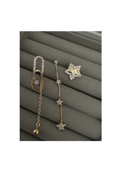 Zirkon Taşlı 3lü Set Sallantılı Yıldız Küpe Gold Renk fiyatları