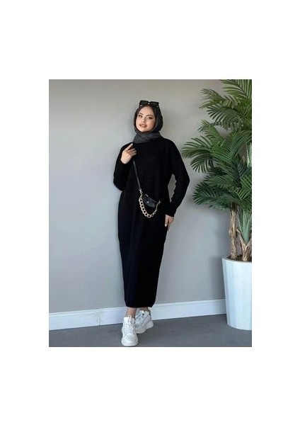 Fitilli Triko Elbise Siyah