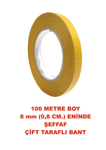Çift Taraflı Şeffaf Bant 100 Metre Uzunlukta (8 mm - 0,8 Cm) Enindedir