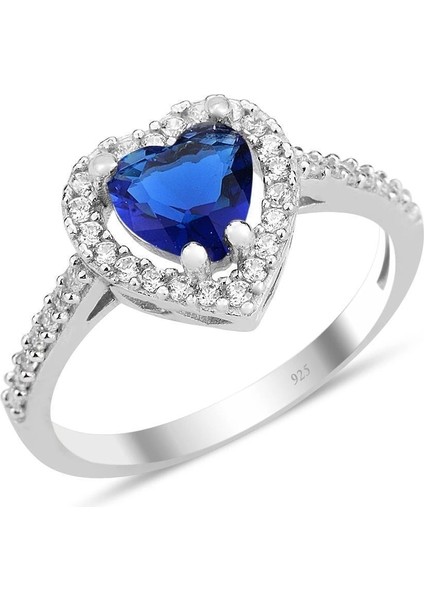 Ipek Silver Safir Taşlı Pırlanta Montürlü Kalp Modeli Yüzük