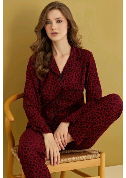 Düğmeli Süet Bordo Leoparlı Kadın Pijama Takımı