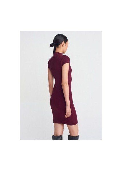 91304 Dik Yaka Streç Mini Elbise-Açık Bordo fiyatları