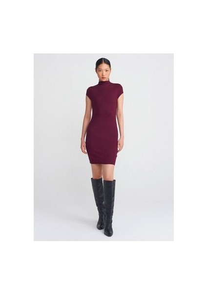 91304 Dik Yaka Streç Mini Elbise-Açık Bordo modelleri