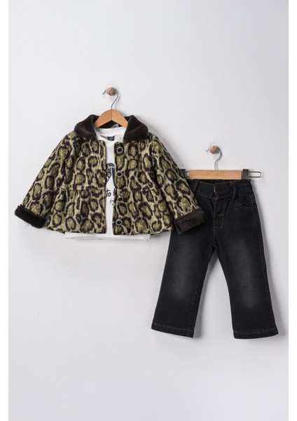 Leopar Ceketli Kürk Detaylı Kız Çocuk 3 lü takım - Kahve