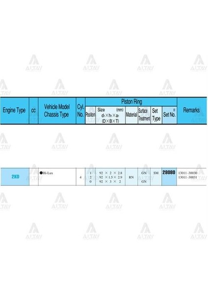 28080-STD Segman Hilux 2.5l 05-12 KUN25-KUN15 92MM 2kdftv Std Takım 28080STD