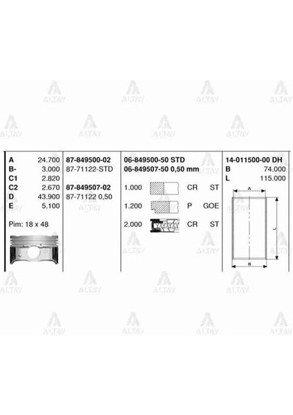 14-011500-00 Gomlek Std I10 I20 1.2 Gomlek 71MM G4LA Motor 1401150000