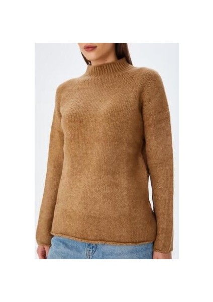 6849 Kadın Dikişsiz Dik Yaka Triko Kazak Camel fırsatları